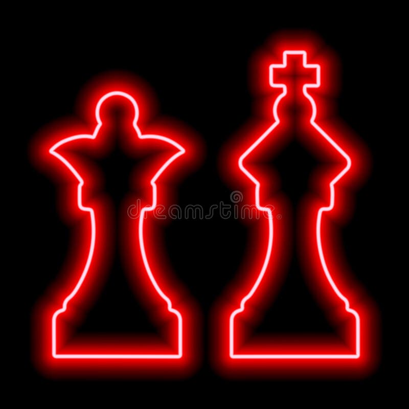 A pair of chess pieces king and queen. Neon red contour on a black background. Illustration