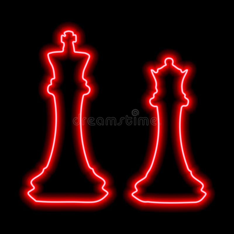 A pair of chess pieces king and queen. Neon red contour on a black background. Illustration