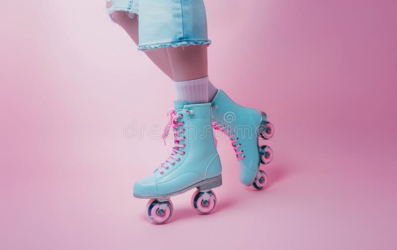 A Pair of Chic Light Blue Roller Skates with Striking Pink Wheels Ready