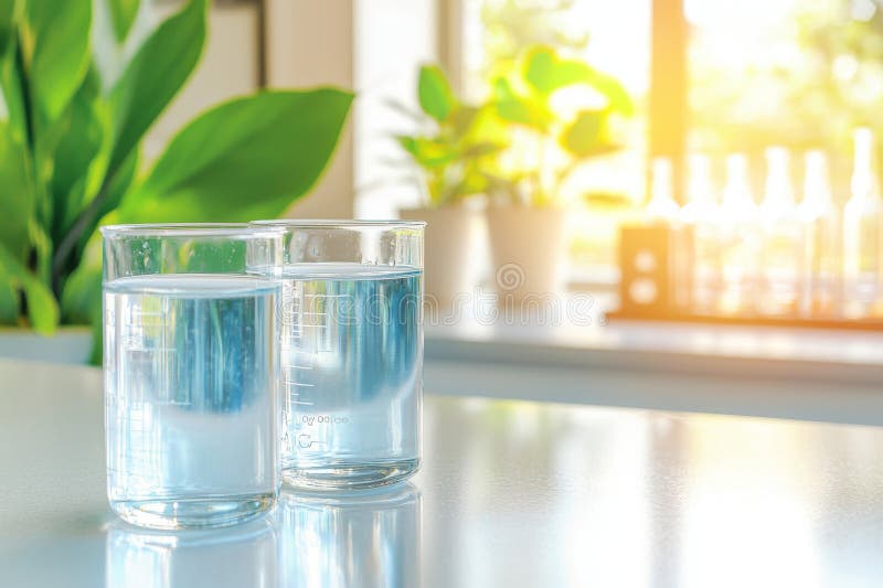 A pair of clear flasks with water in front of a test tube in a chemistry science laboratory during education royalty free stock photo