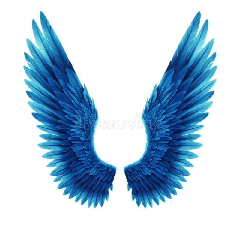 Pair of Detailed, Vibrant Blue Angel Wings Against a White Background stock illustration