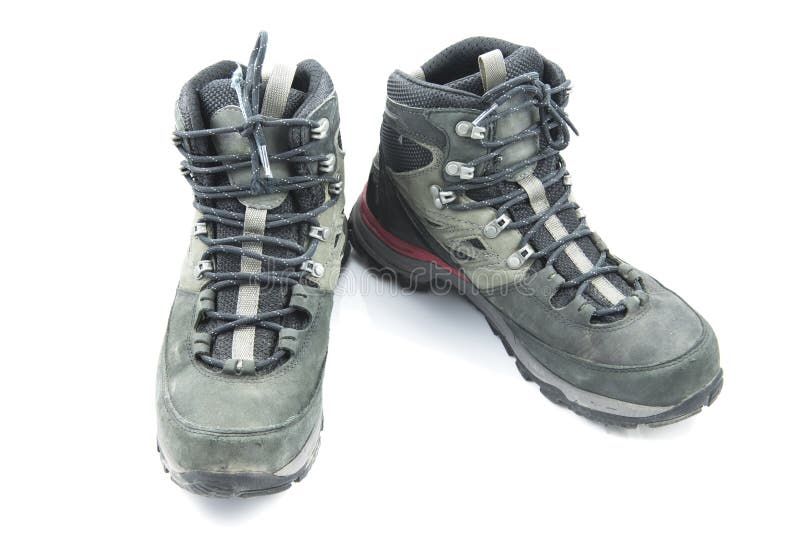 Pair of Dirty Grey Hiking Boots on White Background Stock Image - Image ...