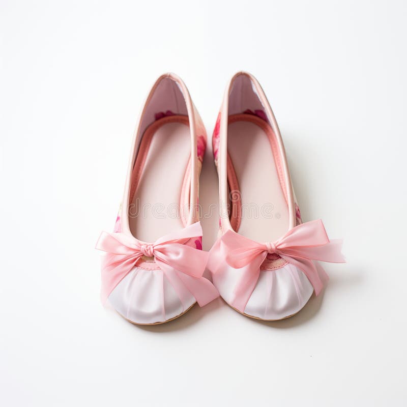 A Pair Of Elegant Pink Ballet Flats With Bow Detail On White Background stock illustration