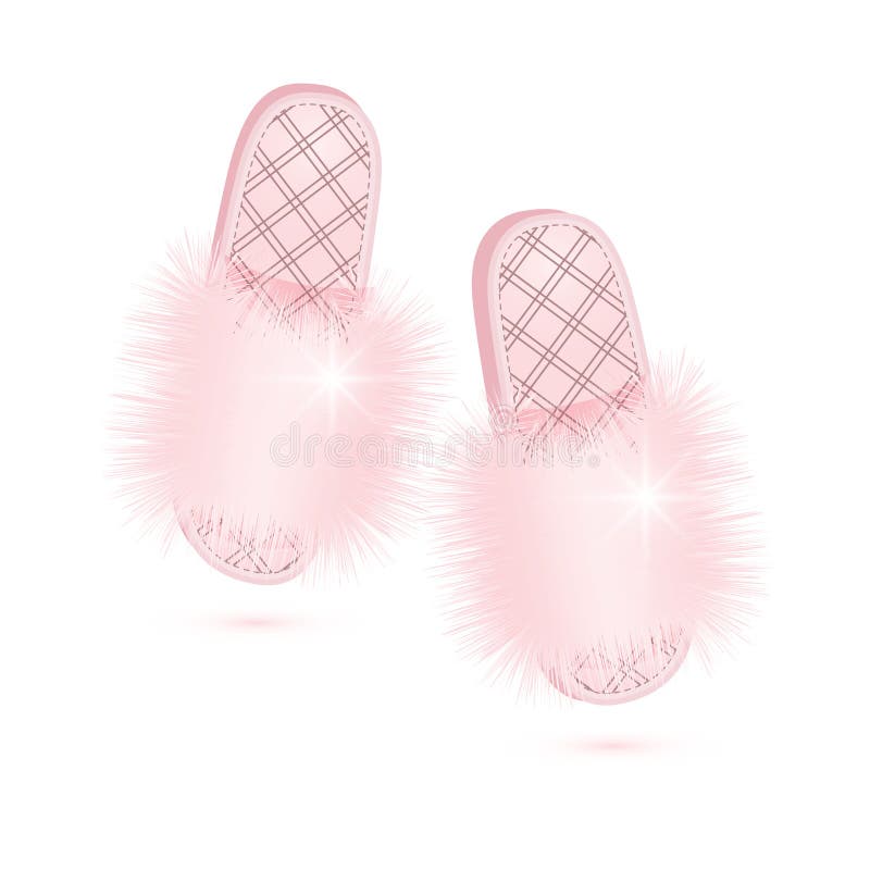 Pair of Fashion Pink Fur Slippers Isolated on White. Luxury Women`s Shoes