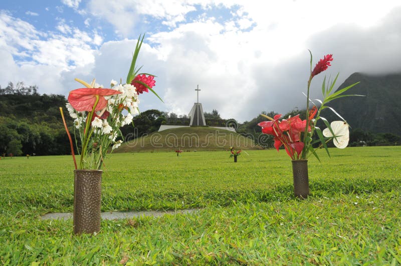 Pair of Flower Vases Around a Grave Marker Stock Image Image of
