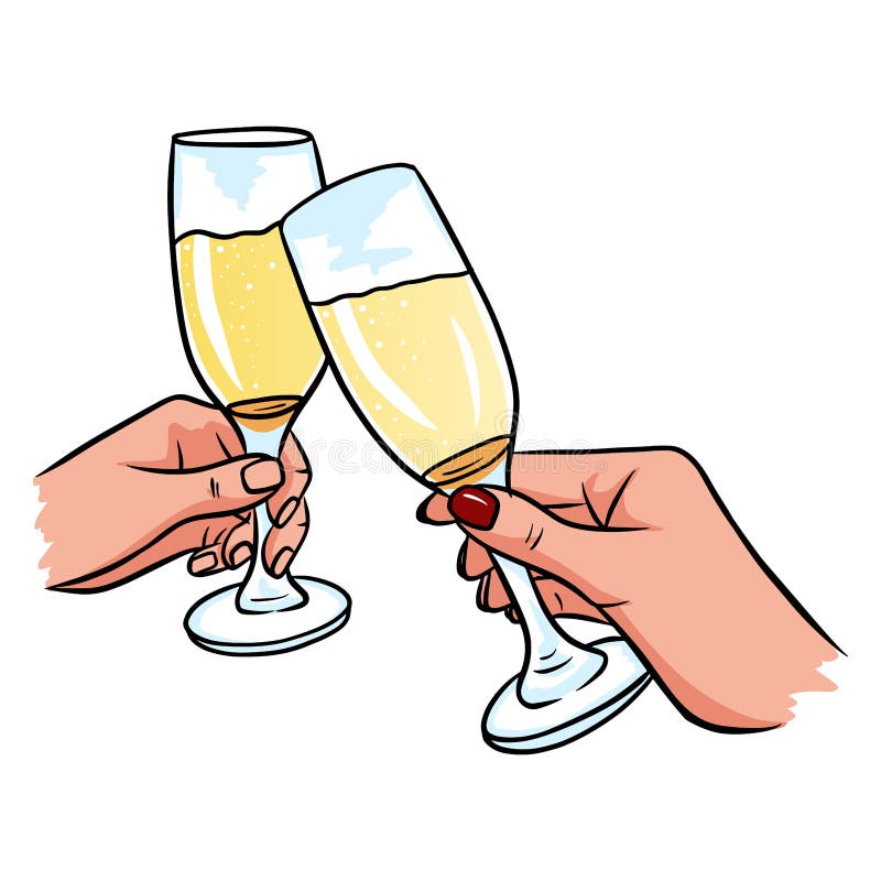 A pair of glasses of champagne in hand.