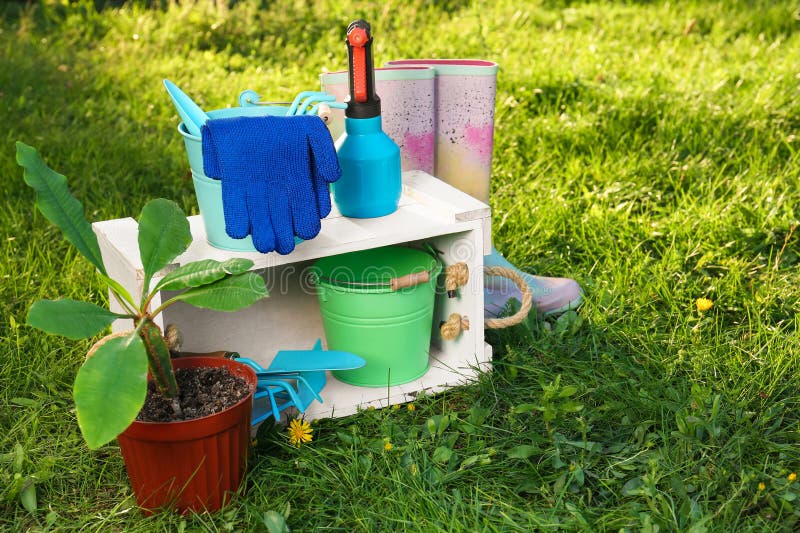 Pair of gloves, gardening tools, potted plant and rubber boots on grass outdoors. Pair working gloves stock images, royalty-free photos and pictures