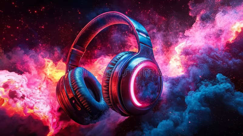 A pair of headphones is shown in a colorful, psychedelic background vector illustration