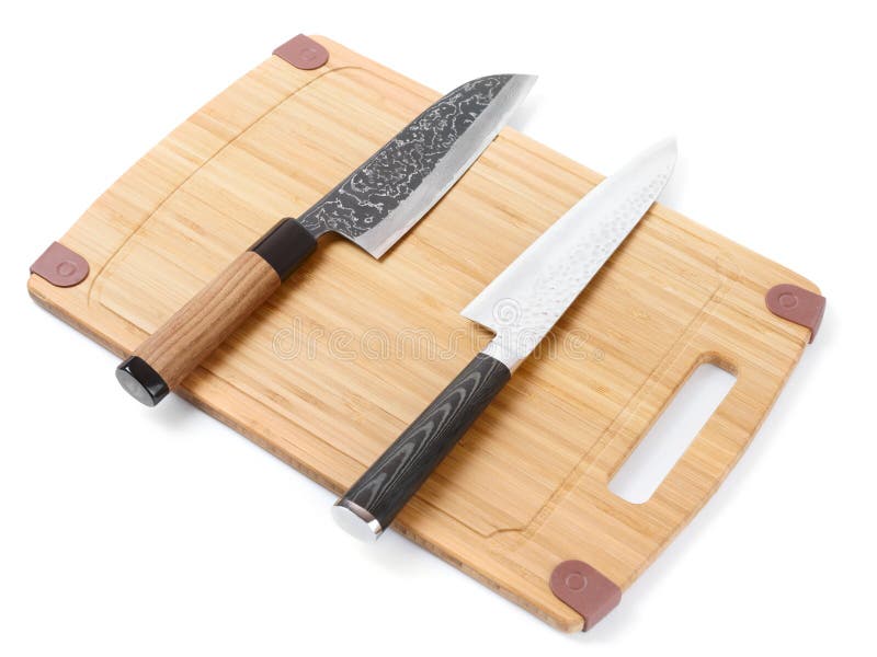 Pair of High Quality Japanese Knifes on Cutting Board Stock Image