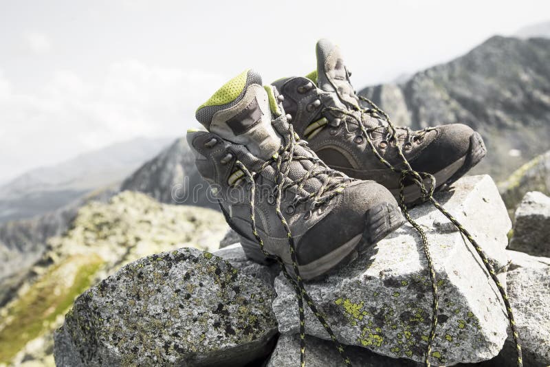 Pair of Hiking Boots on Top of the Mountain Peak Stock Photo - Image of ...