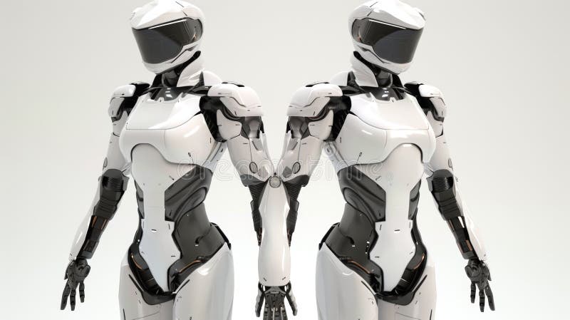 Pair of Humanoid Robots with Sleek White Design. Twin Robots in a