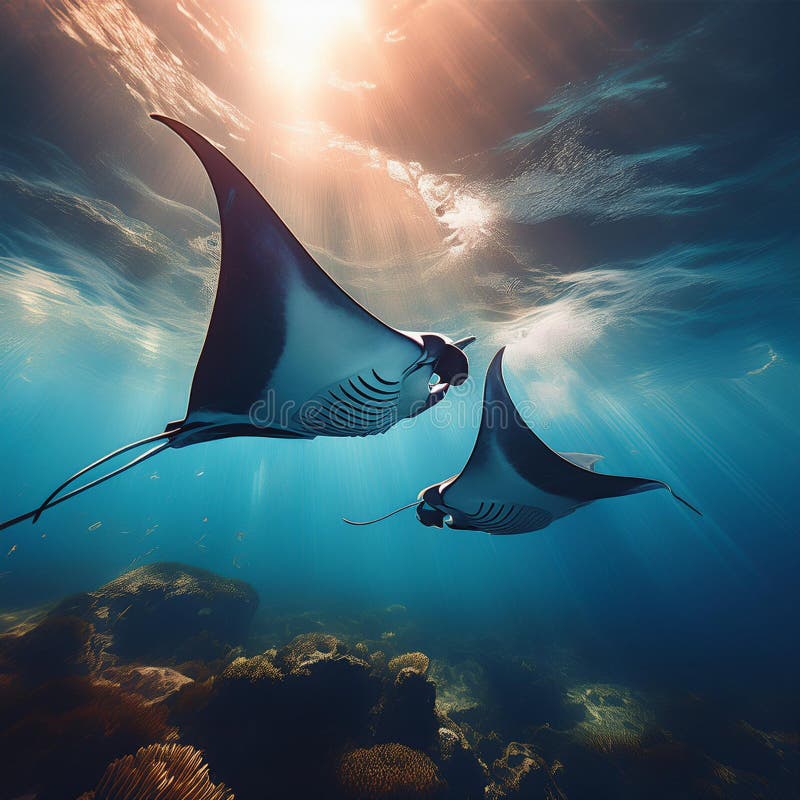 Pair of Manta Rays Performing an Elegant Underwater Dance royaltyfri illustrationer
