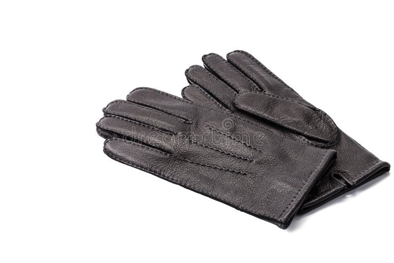 Pair of men`s black leather gloves isolated on white background