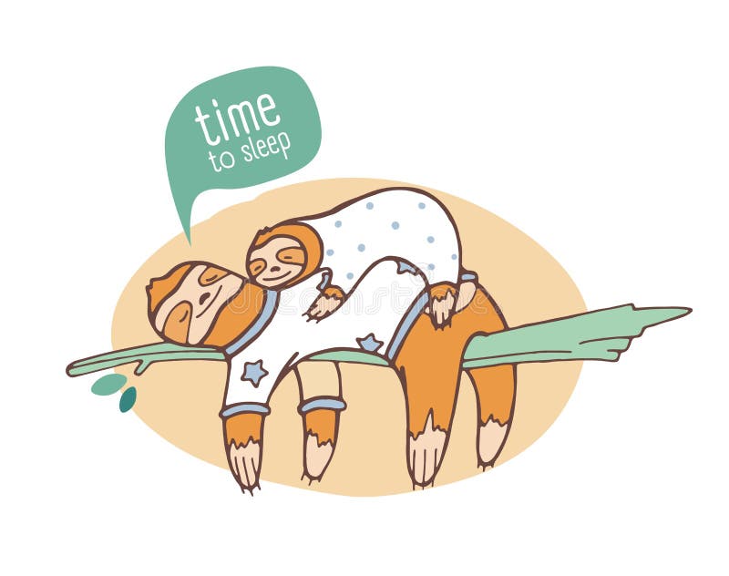 Pair of mom and baby sloths sleeping on branch. Family of lazy animals slumbering or snoozing on jungle tree. Adorable royalty free illustration