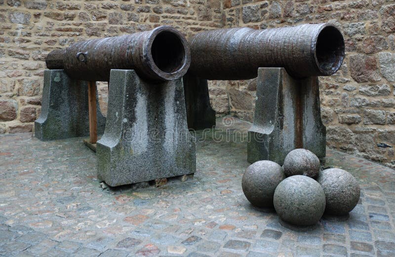 Pair of Old Cannons with Stone Balls, Closeup Stock Image Image of