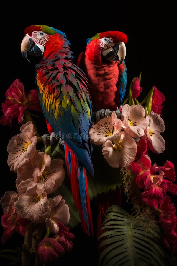 Pair of parrots sitting on a flowery branch on a black background