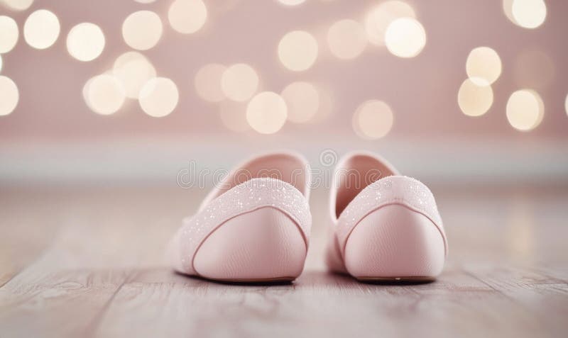 A pair of pink ballet flats with glitter, resting on wooden floor with bokeh lights. stock illustration