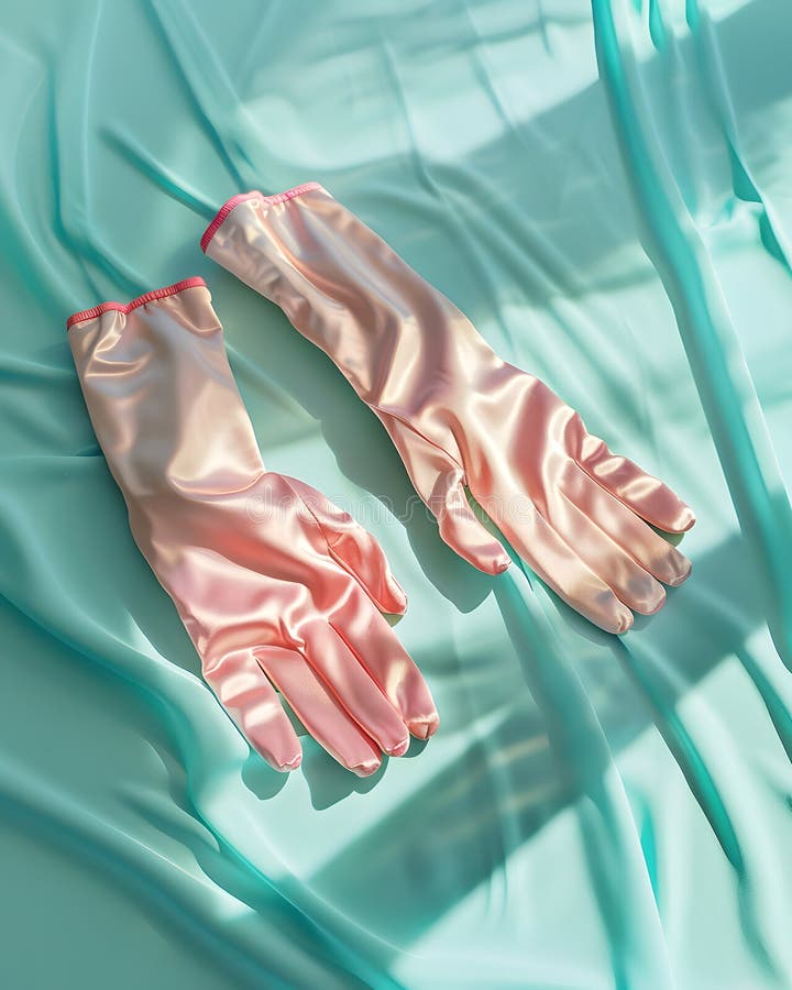Pair of Pink Latex Gloves on Mint Green Satin Fabric Background royalty free illustration