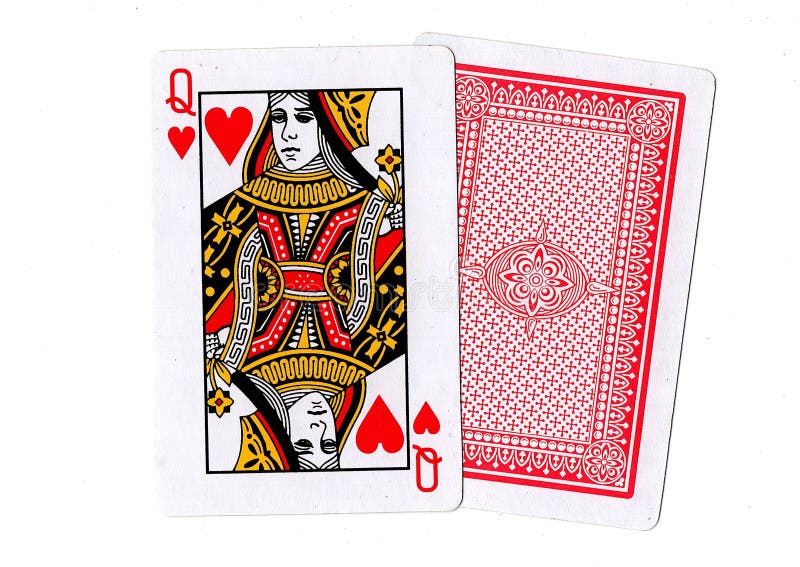A pair of playing cards with the queen of hearts revealed. stock illustration