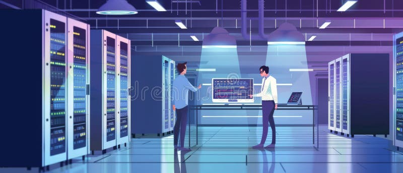 A pair of IT professionals discuss Blockchain Data Network Architecture Design and Development. They sit in front of a stock photography