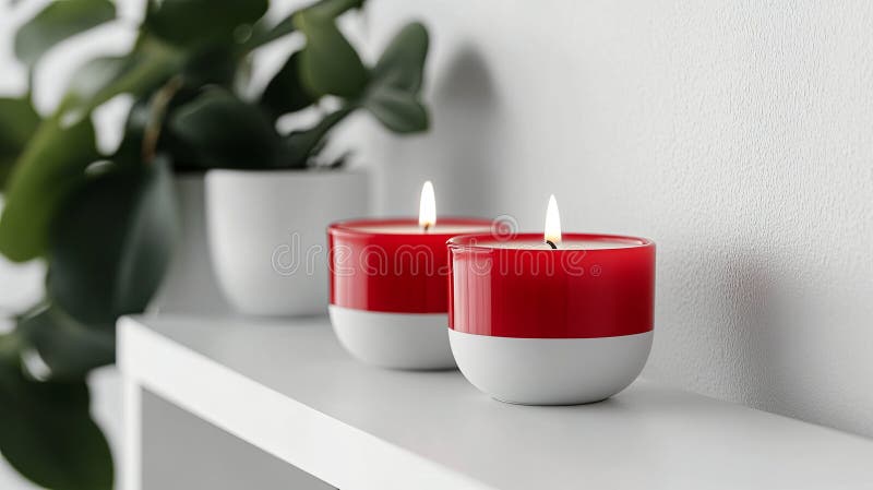 A pair of red and white candles styled on a clean white shelf with royalty free stock photos