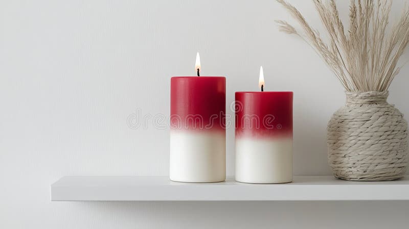 A pair of red and white candles styled on a clean white shelf with royalty free stock photos