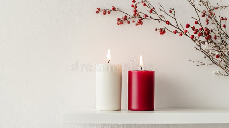 A pair of red and white candles styled on a clean white shelf with stock photos