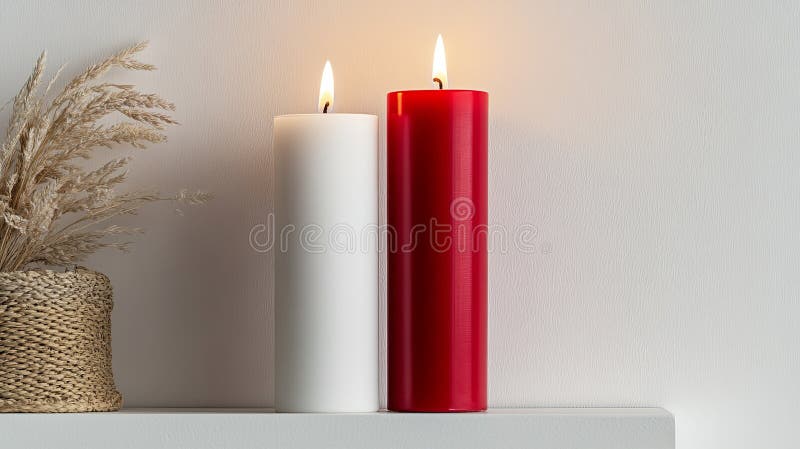 A pair of red and white candles styled on a clean white shelf with stock image
