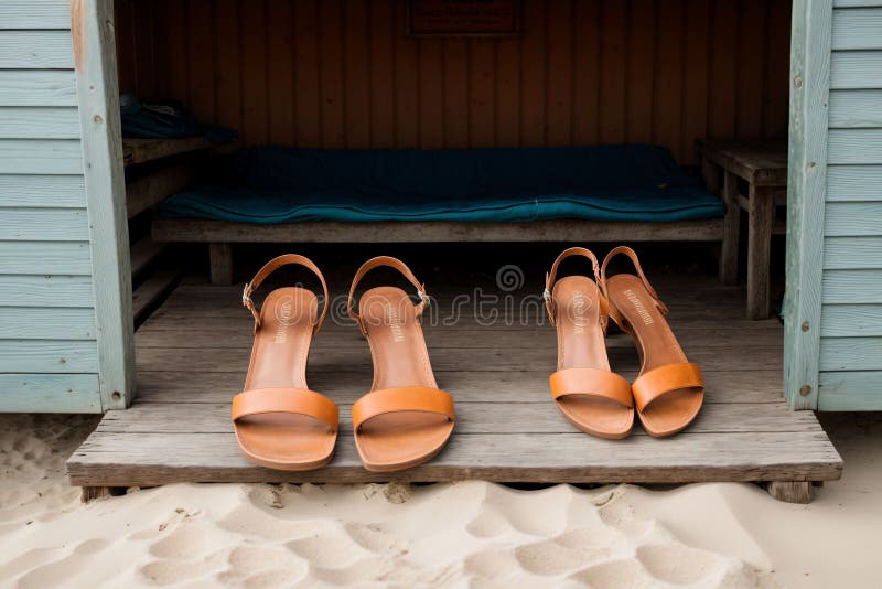 A pair of sandals left at the entrance to a beach hut stock illustration