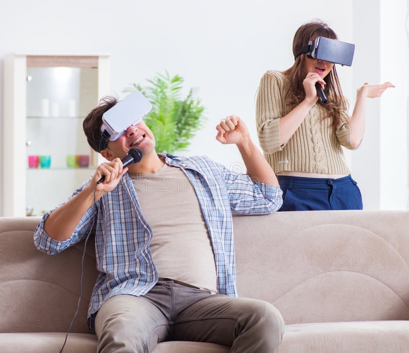 Pair Singing Karaoke with Virtual Reality Glasses Stock Image Image
