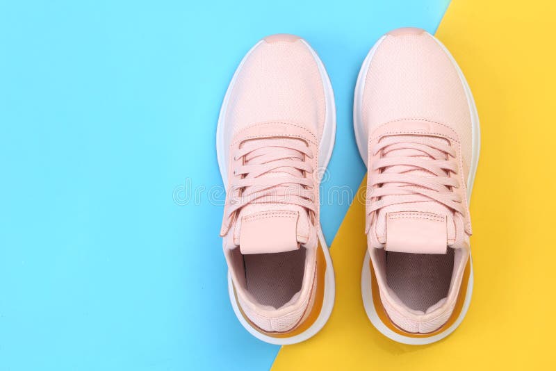 Pair of Sport Shoes on Colorful Background. Copy Space.Overhead Shot of ...