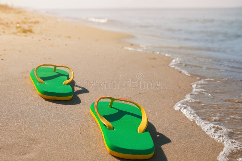 Pair of Stylish Flip Flops on Beach Stock Image - Image of coastline ...