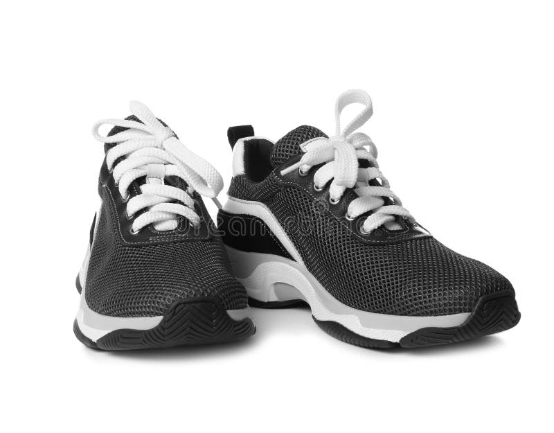 Pair of Stylish Modern Training Shoes on White Stock Image - Image of ...