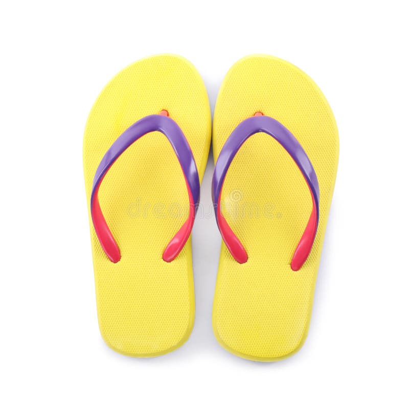 Pair of stylish yellow flip flops isolated, top view. Beach object. Pair of stylish yellow flip flops isolated on white, top view. Beach object royalty free stock image Pair of stylish yellow flip flops isolated, top view. Beach object. Pair of stylish yellow flip flops isolated on white, top view. Beach object royalty free stock image