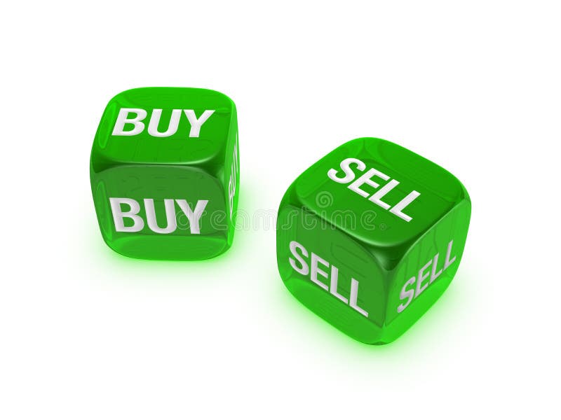 Pair of translucent green dice with buy, sell sign