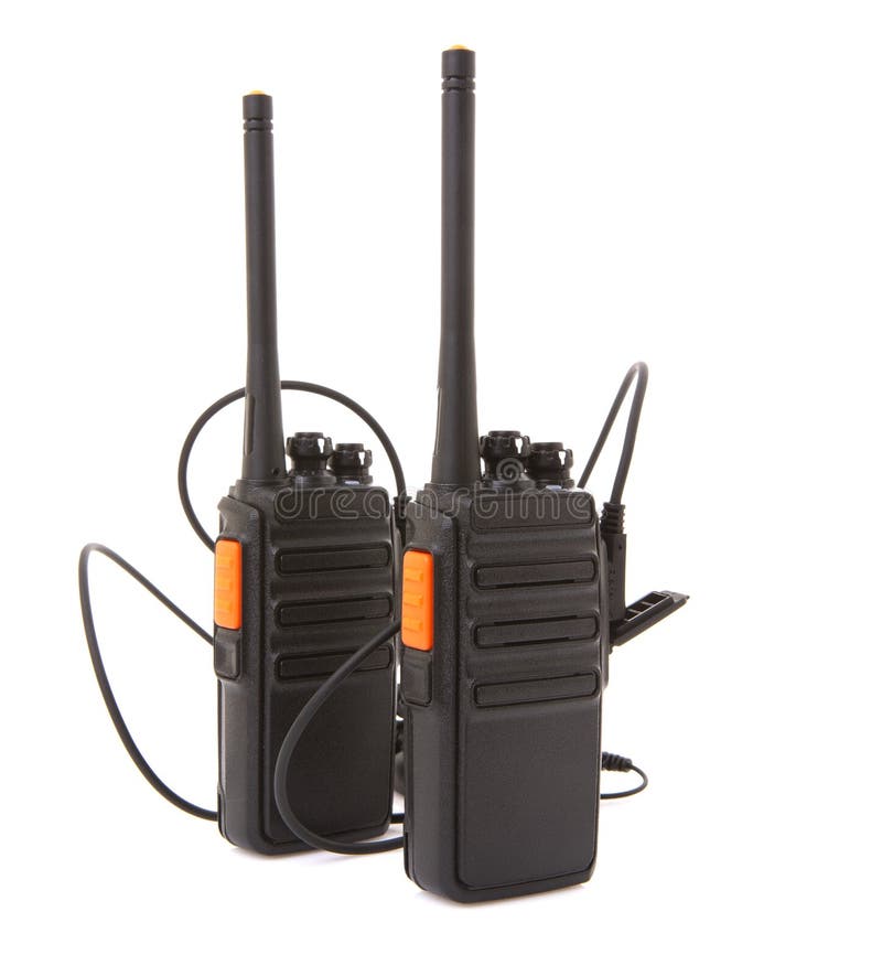 Pair of Walkie Talkie 2 way radios with headsets stock photography