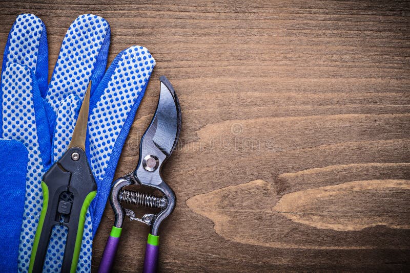 Pair of working gloves sharp garden shears pruner gardening concept. Pair working gloves stock images, royalty-free photos and pictures