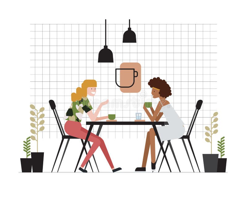 Pair of young women of girlfriends sitting at table, drinking tea and talking. Friendly meeting and conversation at cafe vector illustration Pair of young women of girlfriends sitting at table, drinking tea and talking. Friendly meeting and conversation at cafe vector illustration