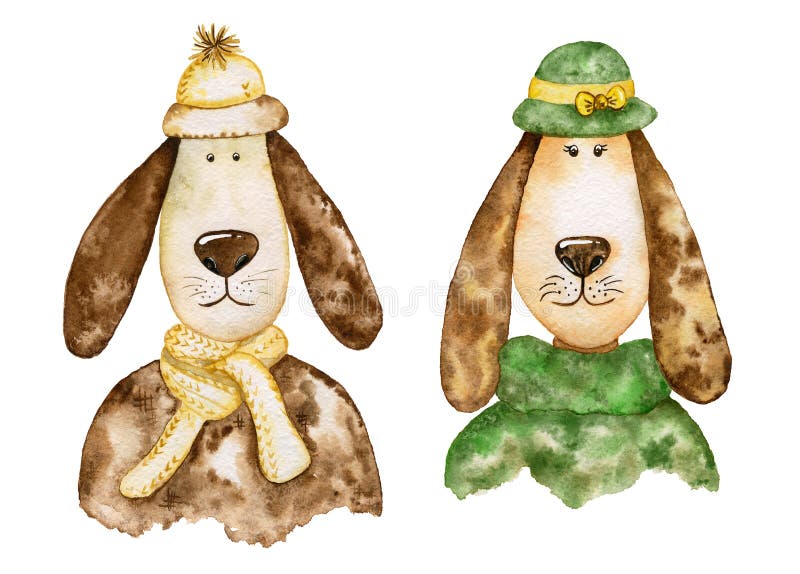 Paires de chiens élégants avec de longues oreilles positionnement d'aquarelle illustration libre de droits Paires de chiens élégants avec de longues oreilles positionnement d'aquarelle illustration libre de droits