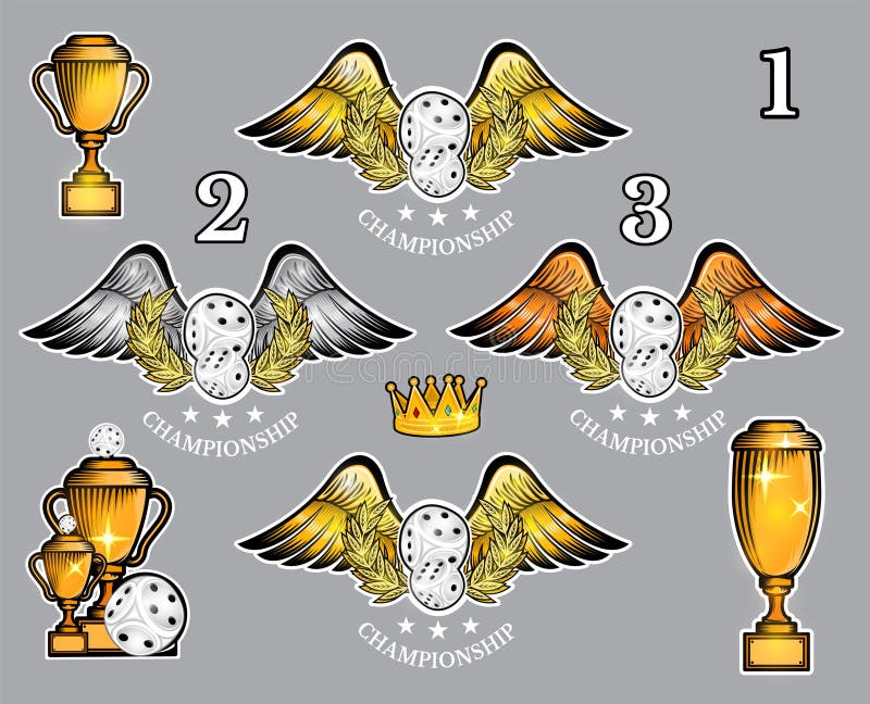 Pairs of dice with wings cups and crown. Vector set of casino or board game logo for any team stock illustration Pairs of dice with wings cups and crown. Vector set of casino or board game logo for any team stock illustration