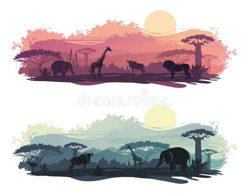 Paisagem africana com animais selvagens ilustração royalty free Paisagem africana com animais selvagens ilustração royalty free