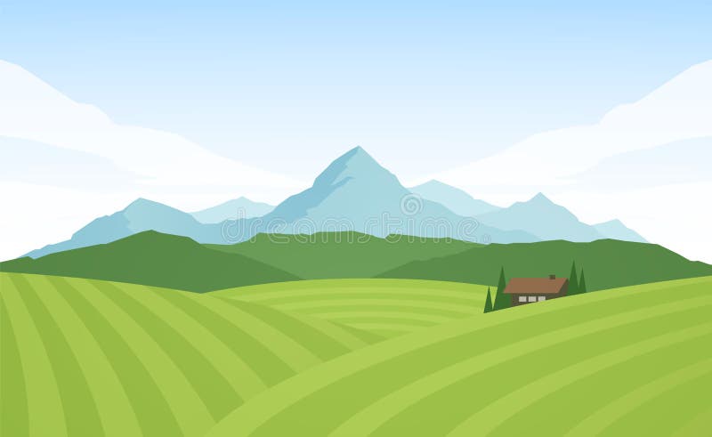 Paisagem alpina das montanhas do verão com campos e casa ilustração do vetor Paisagem alpina das montanhas do verão com campos e casa ilustração do vetor