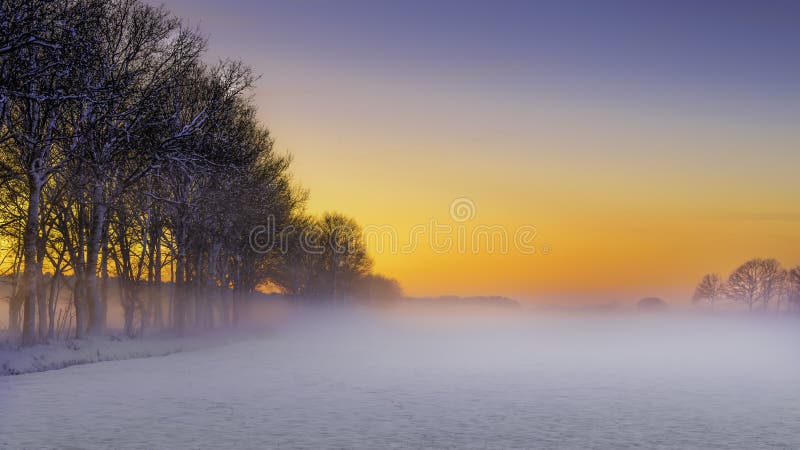 Paisagem bonita do inverno no por do sol com neve e névoa fotos de stock