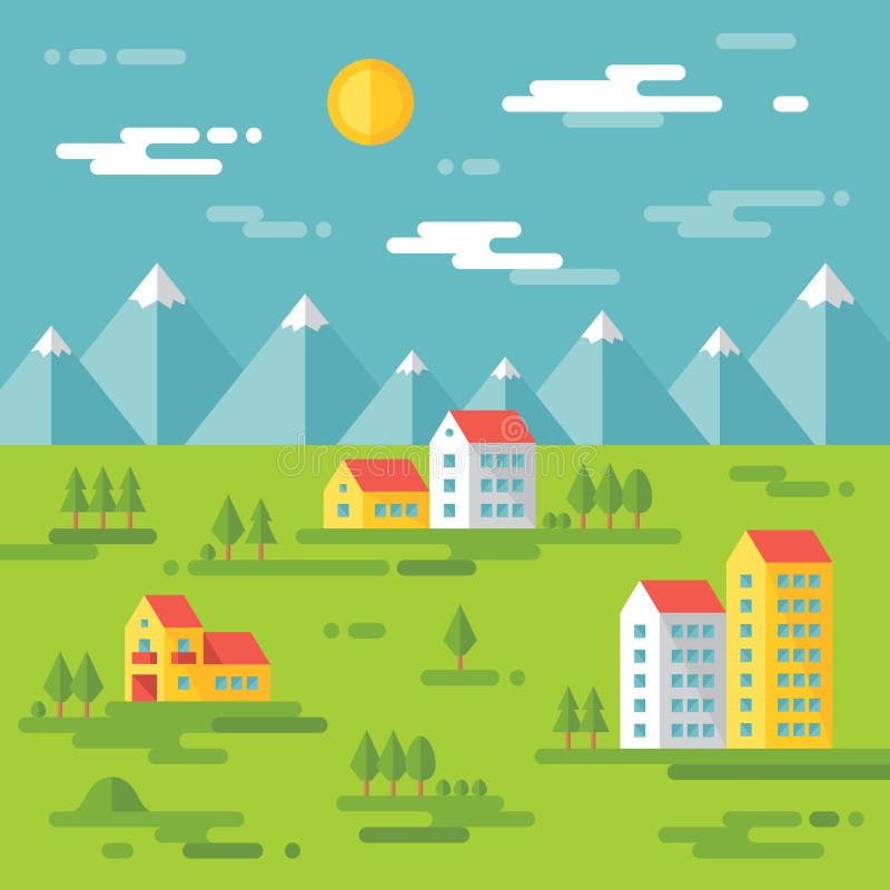 Paisagem com construções - vector a ilustração do fundo no projeto liso do estilo Construções no fundo verde Casas dos bens imobi ilustração do vetor Paisagem com construções - vector a ilustração do fundo no projeto liso do estilo Construções no fundo verde Casas dos bens imobi ilustração do vetor