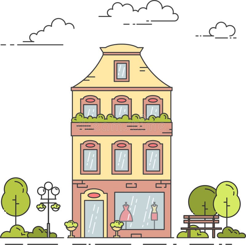 Paisagem da cidade com casa retro, árvores e banco sob as nuvens na linha arte isoladas no fundo branco ilustração do vetor Paisagem da cidade com casa retro, árvores e banco sob as nuvens na linha arte isoladas no fundo branco ilustração do vetor