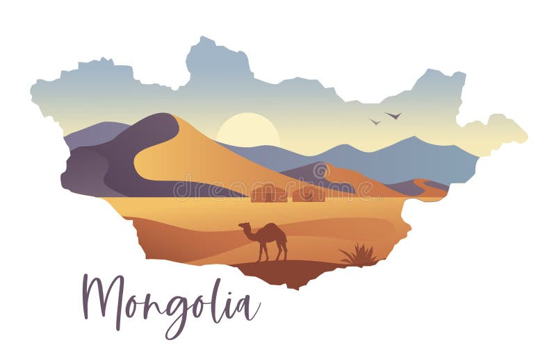 Paisagem da estepe mongol e do deserto de gobi com um camelo. sob a forma de um mapa da mongólia