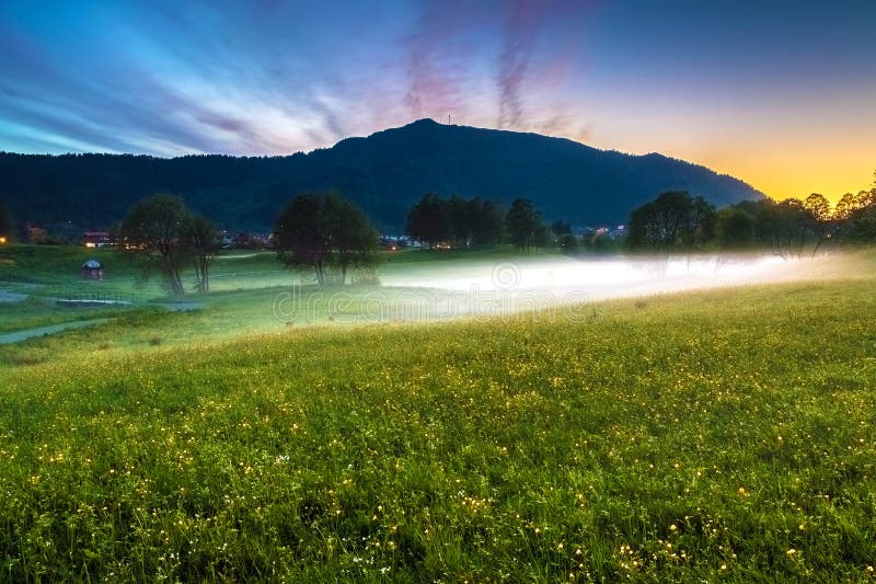 A paisagem da mola com um prado de botões de ouro amarelos, árvores cobriu na névoa e na montanha no crepúsculo imagens de stock A paisagem da mola com um prado de botões de ouro amarelos, árvores cobriu na névoa e na montanha no crepúsculo imagens de stock