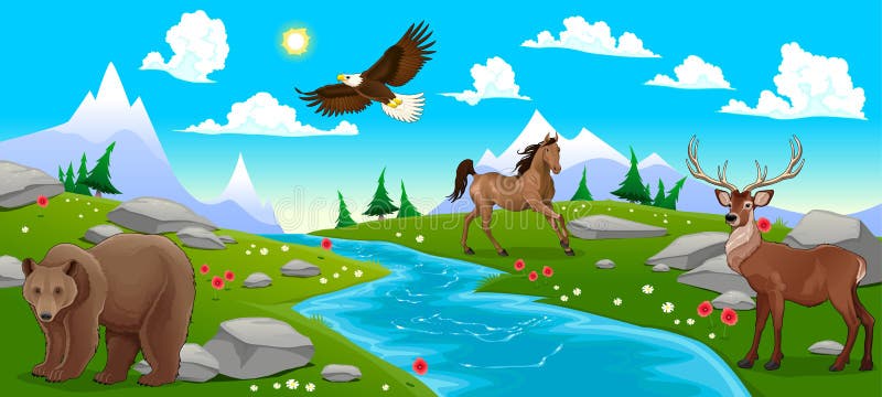 Paisagem de montanha com rio e animais ilustração do vetor