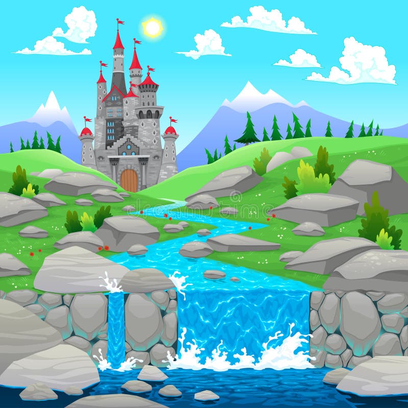 Paisagem da montanha com rio e castelo. ilustração do vetor Paisagem da montanha com rio e castelo. ilustração do vetor