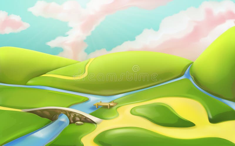 paisagem da natureza dos desenhos animados 3d com ponte ilustração royalty free paisagem da natureza dos desenhos animados 3d com ponte ilustração royalty free